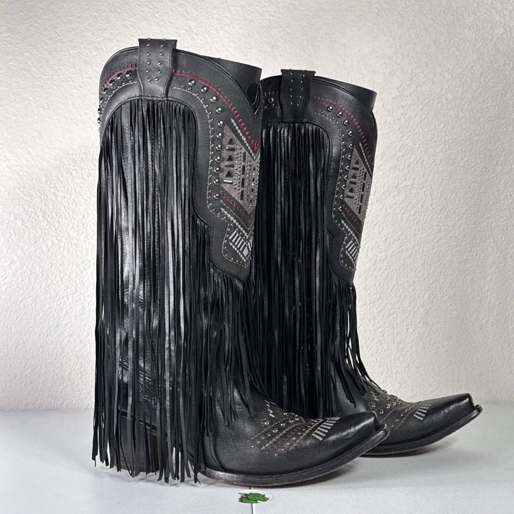 Corral Western Chic Fringe Studded Black Cowboy Boots Size 9.5 Line Dancing BOHO